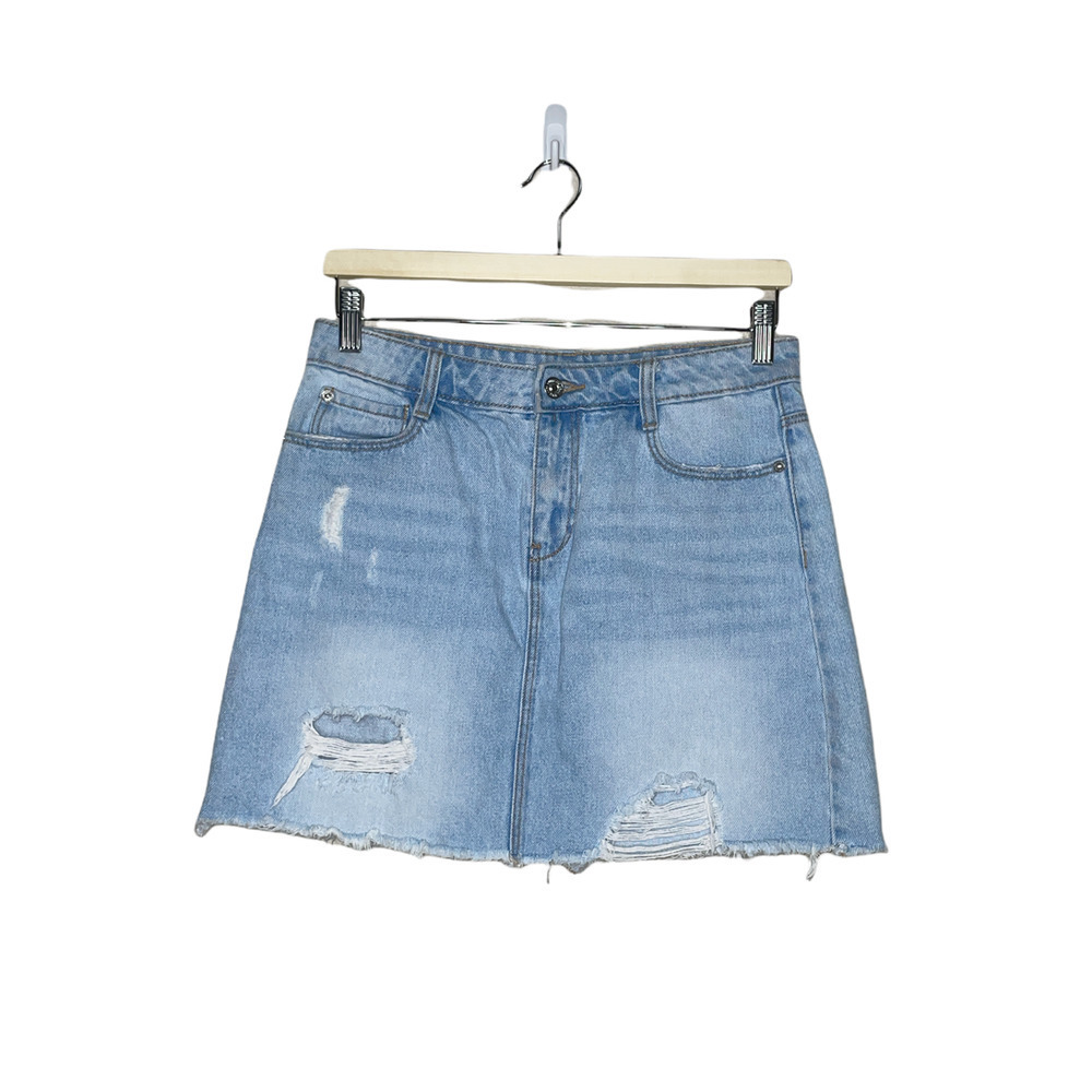 Pimki Skirt Blue Denim Mini Destroyed‎ Raw Hem Button Zip Casual Size Small